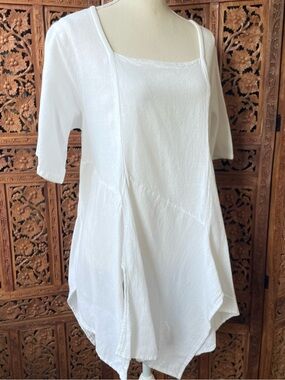 Vintage Cotton White Square Neck Handkerchief Layered Tunic Blouse Flared Hem